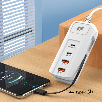 ⚡2026 Hot New Arrivals – Multi-Function Fast Charger 2PD + 2USB! 🔌📱 66W, Built-in Type-C Cable, Safely Charges 4 Devices Simultaneously